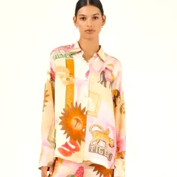 TWO PIECE SIZE LARGE SUN, MOON AND TIGER PRINT LOUNGE PANTS SUIT PINK AND KHAKI - Picture 1 of 3